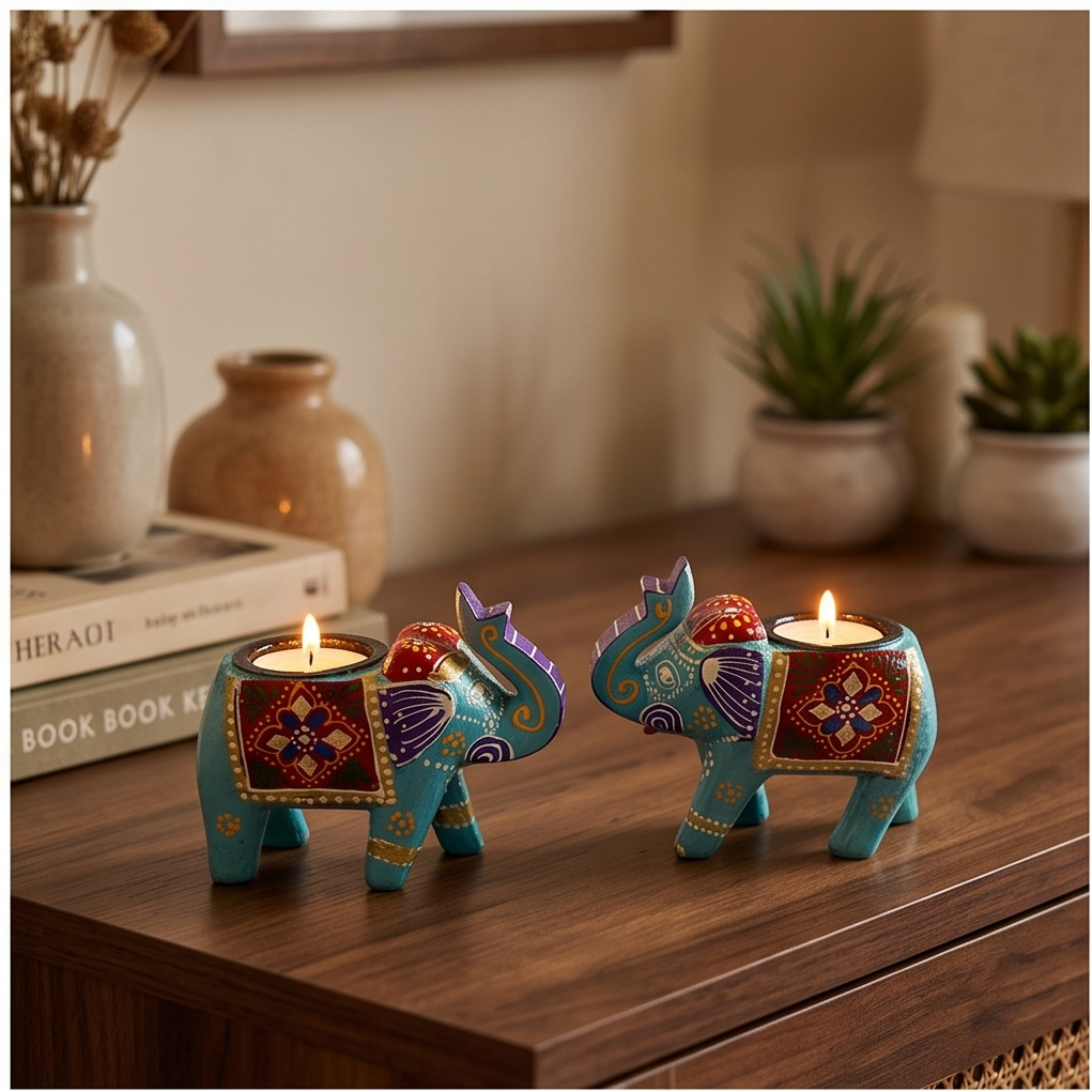 A four-panel collage showing decorative elephant-shaped tealight candle holders in turquoise, red, purple, and gold. The holders are shown in different settings: on a wooden surface, on a shelf, and on a table, with lit candles inside.