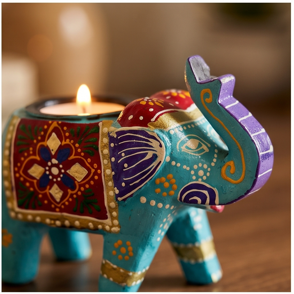 A four-panel collage showing decorative elephant-shaped tealight candle holders in turquoise, red, purple, and gold. The holders are shown in different settings: on a wooden surface, on a shelf, and on a table, with lit candles inside.