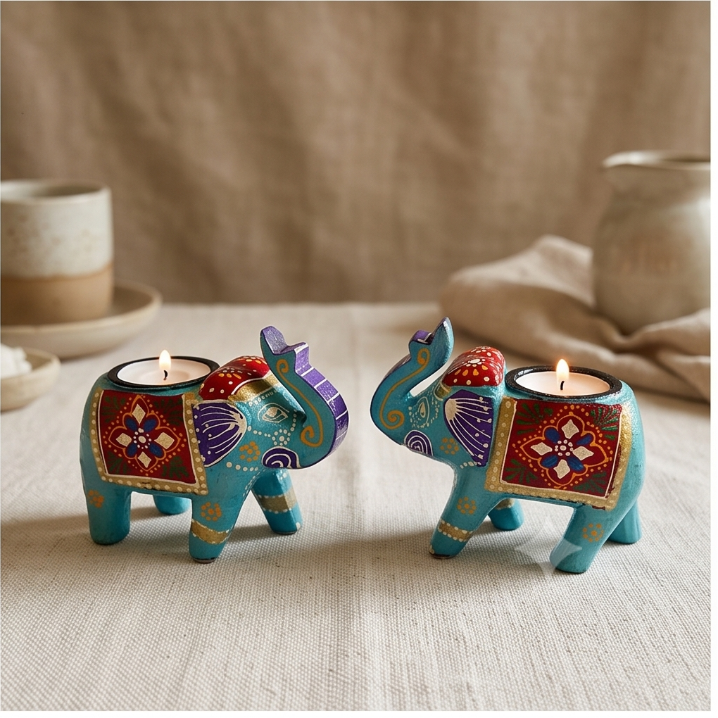 A four-panel collage showing decorative elephant-shaped tealight candle holders in turquoise, red, purple, and gold. The holders are shown in different settings: on a wooden surface, on a shelf, and on a table, with lit candles inside.