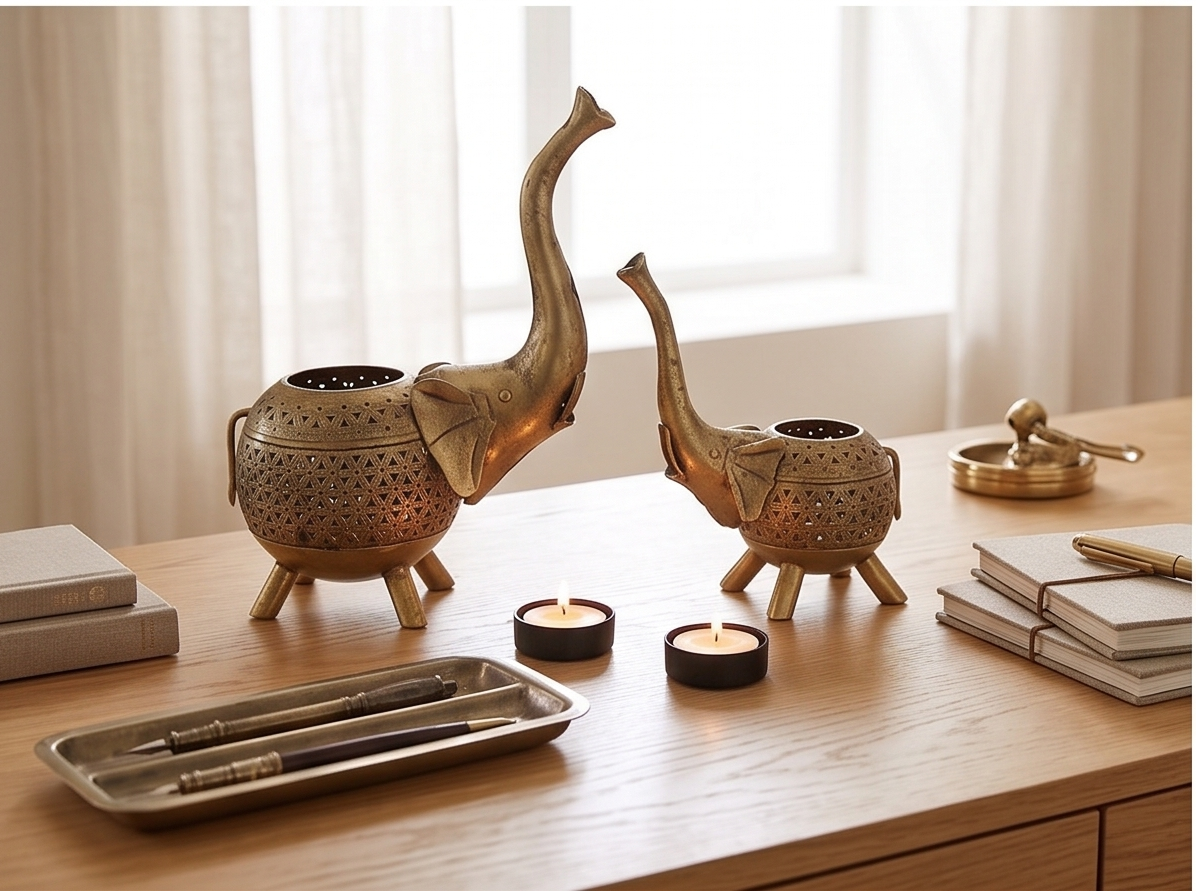 Two brass elephant-shaped candle holders with perforated cutouts sit on a light wood desk, flanked by two lit tealight candles, books, and a metal tray in a softly lit room.