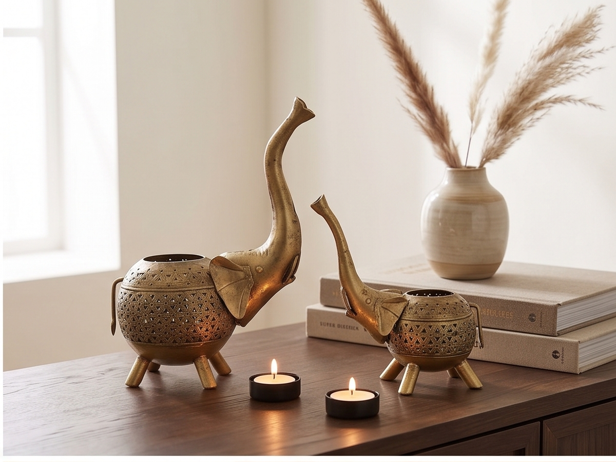 Two brass elephant-shaped candle holders with perforated cutouts sit on a wooden table, flanked by two lit tea light candles. In the background, a ceramic vase with dried pampas grass and a stack of books are visible against a softly lit neutral wall.