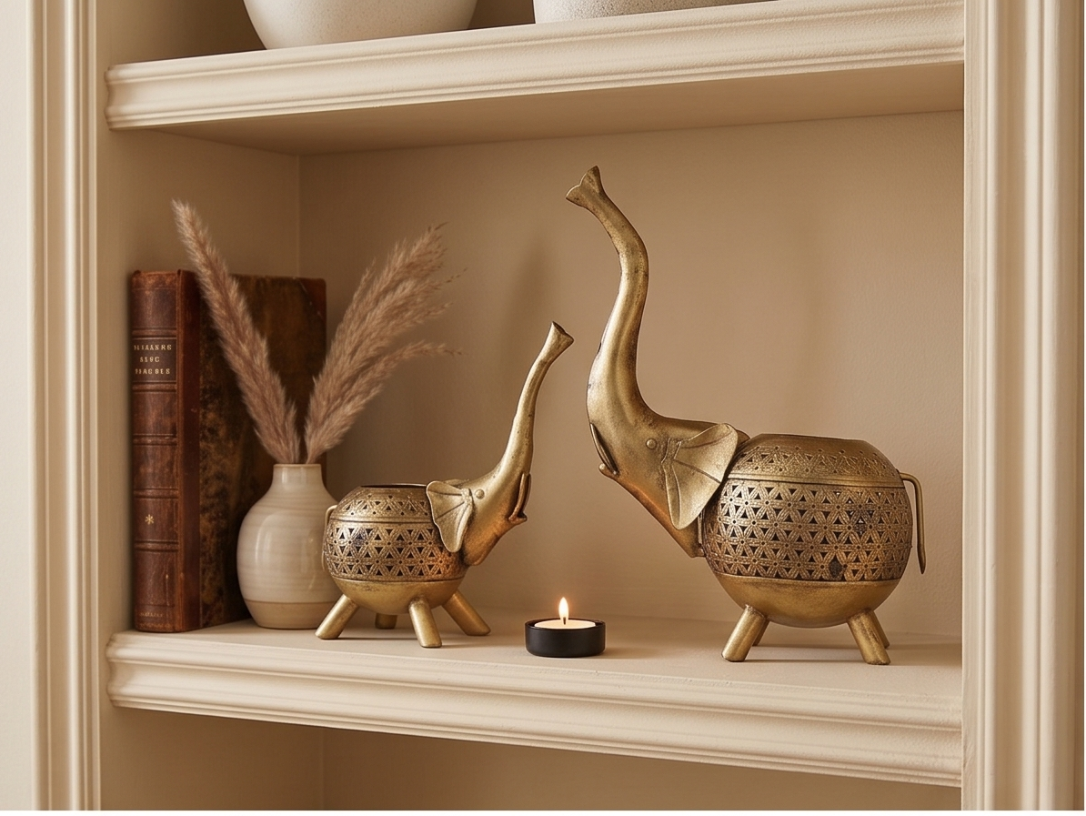 Two brass elephant figurines with laser-cut perforated patterns, displayed on a beige wooden shelf alongside books, a vase with dried grass, and a small burning candle.
