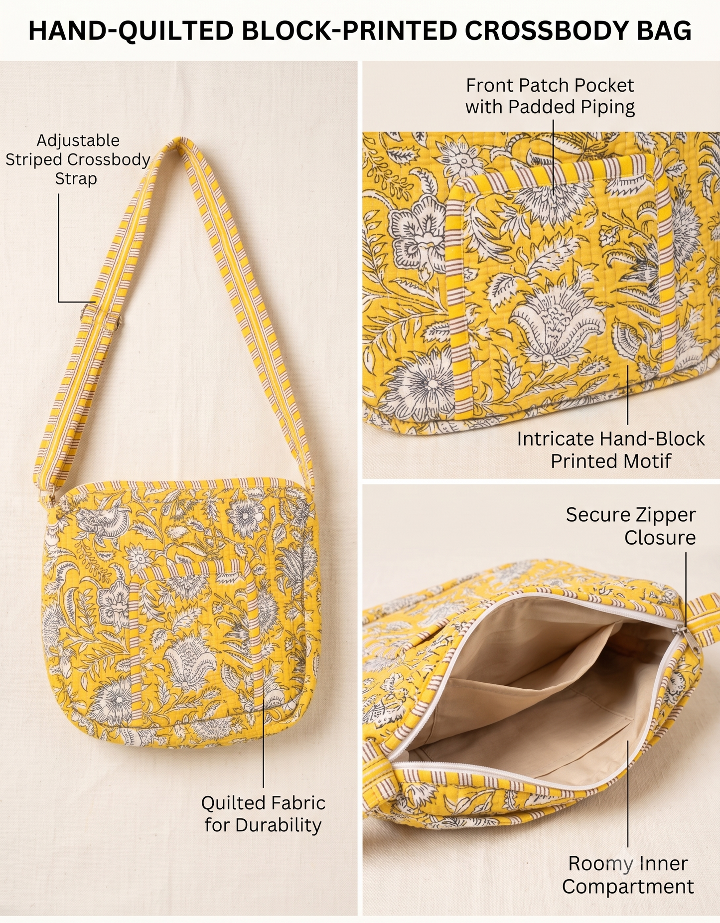 Handmade. Quilted Cotton Sling Bag | 9 x 9 Inch Crossbody Bag