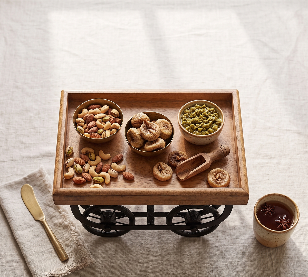 Handcrafted Wooden Trolley Cart Serving Tray with Wrought Iron Wheels