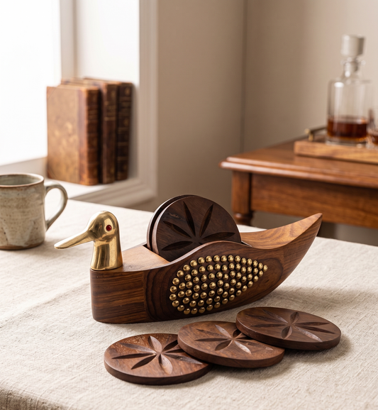 Handcrafted Wooden Duck Coaster Set with Brass Head & Bead Inlay (Set of 6 Coasters)
