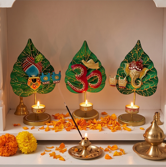 Handcrafted Metal Betel Leaf Tealight Candle Holders (Set of 3) – Traditional Krishna, Om & Ganesha T-Light Stands for Diwali & Home Decor