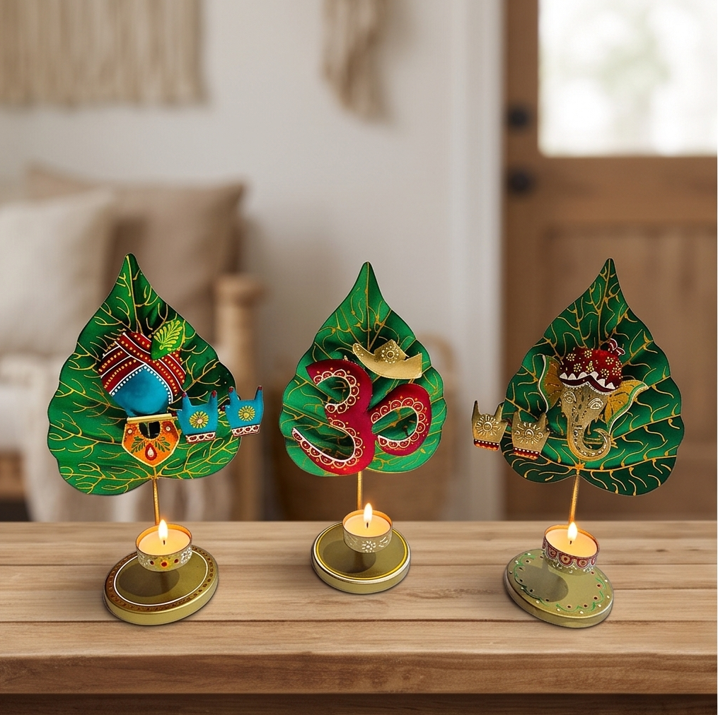 Handcrafted Metal Betel Leaf Tealight Candle Holders (Set of 3) – Traditional Krishna, Om & Ganesha T-Light Stands for Diwali & Home Decor
