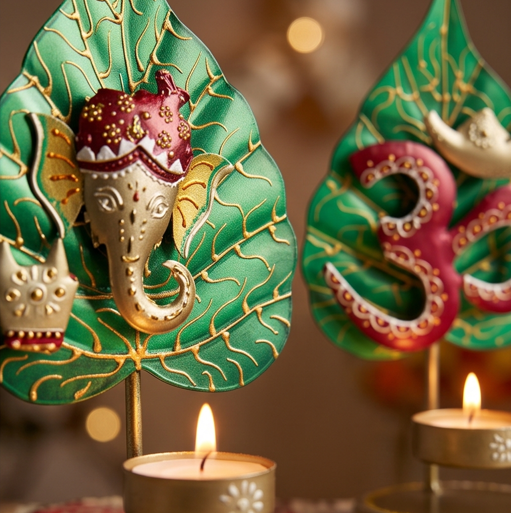 Decorative Ganesha and Om wall or tabletop ornaments mounted on green leaf-shaped backgrounds, styled with lit tealight candles in a warm indoor setting.