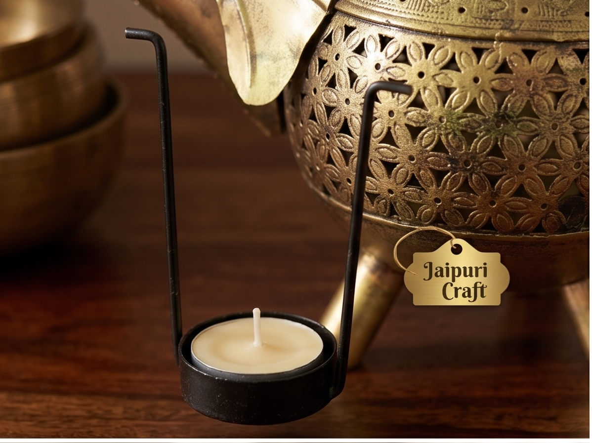 A black metal Jaipuri candle holder with a cream-colored tea light candle, shown on a dark wooden surface with a brass teapot in the background. A hanging tag reads 'Jaipuri Craft'.