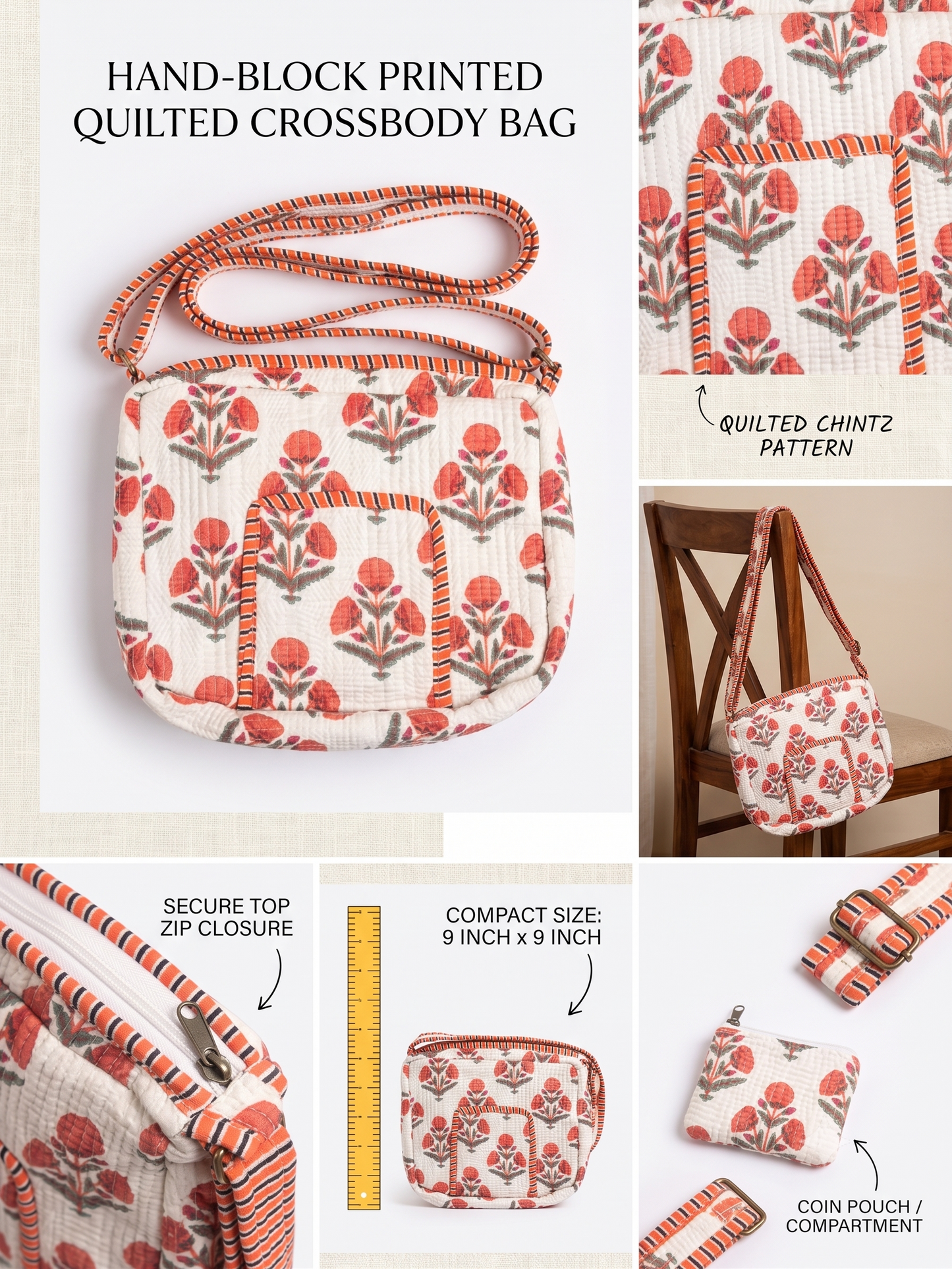 A collage showing a hand-block printed quilted crossbody bag in multiple views and detail closeups. The bag has an off-white quilted body with a coral-red and gray floral/block-print style pattern and orange striped trim.