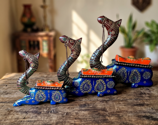 Rajasthani Hand-Painted Blue Wooden Camels with Chain (Set of 3) – Traditional Home Decor