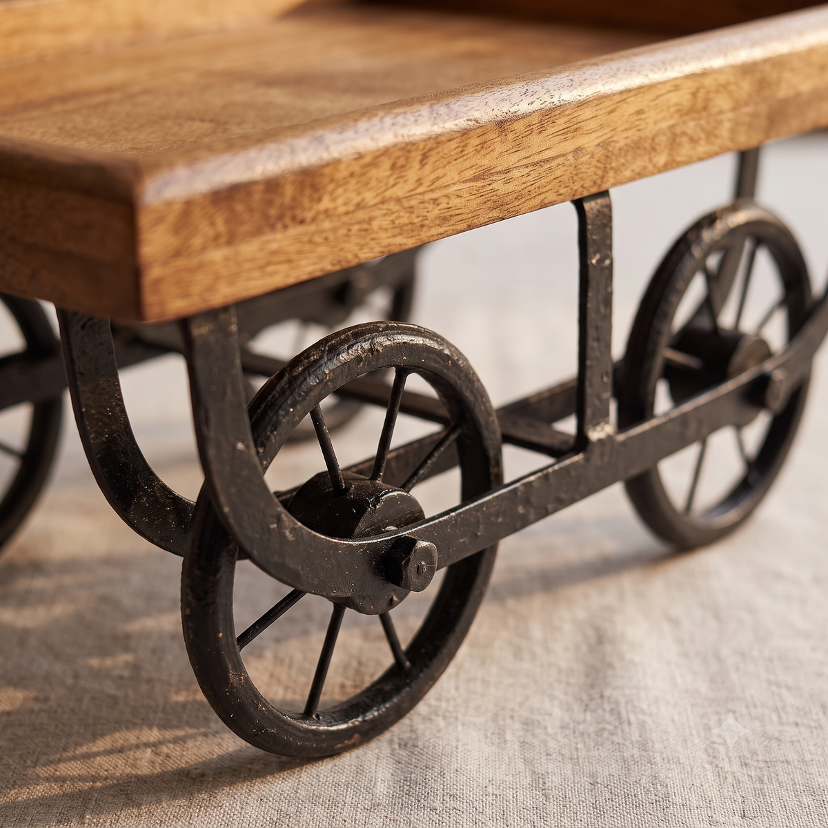 Handcrafted Wooden Trolley Cart Serving Tray with Wrought Iron Wheels