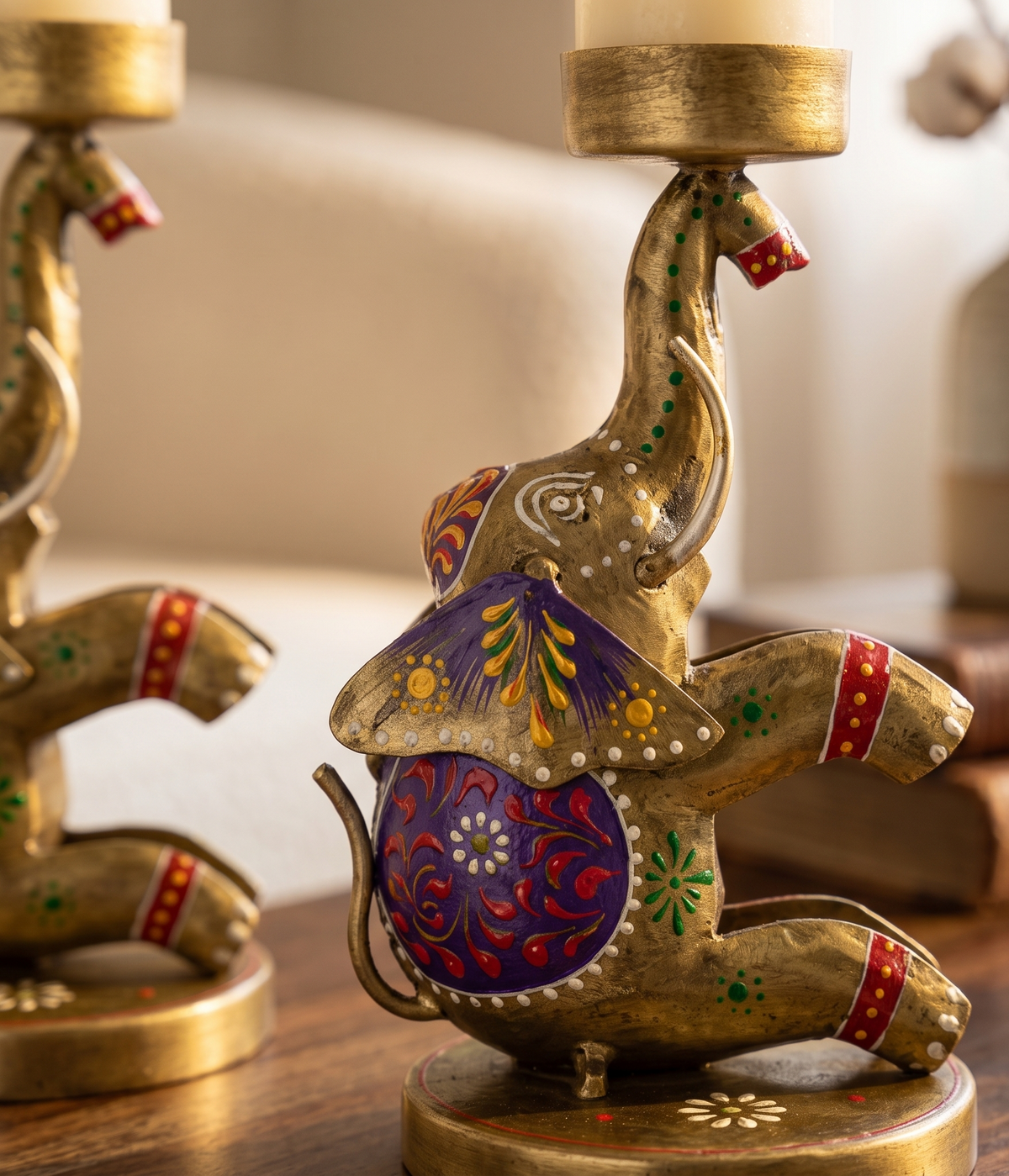 Rajasthani Hand-Painted Elephant Candle Holder Pair with Trunk-Up Diya Cups for Festive Table Decor