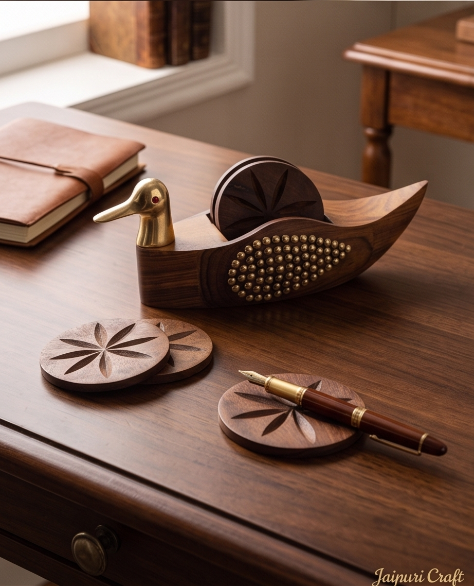 Handcrafted Wooden Duck Coaster Set with Brass Head & Bead Inlay (Set of 6 Coasters)