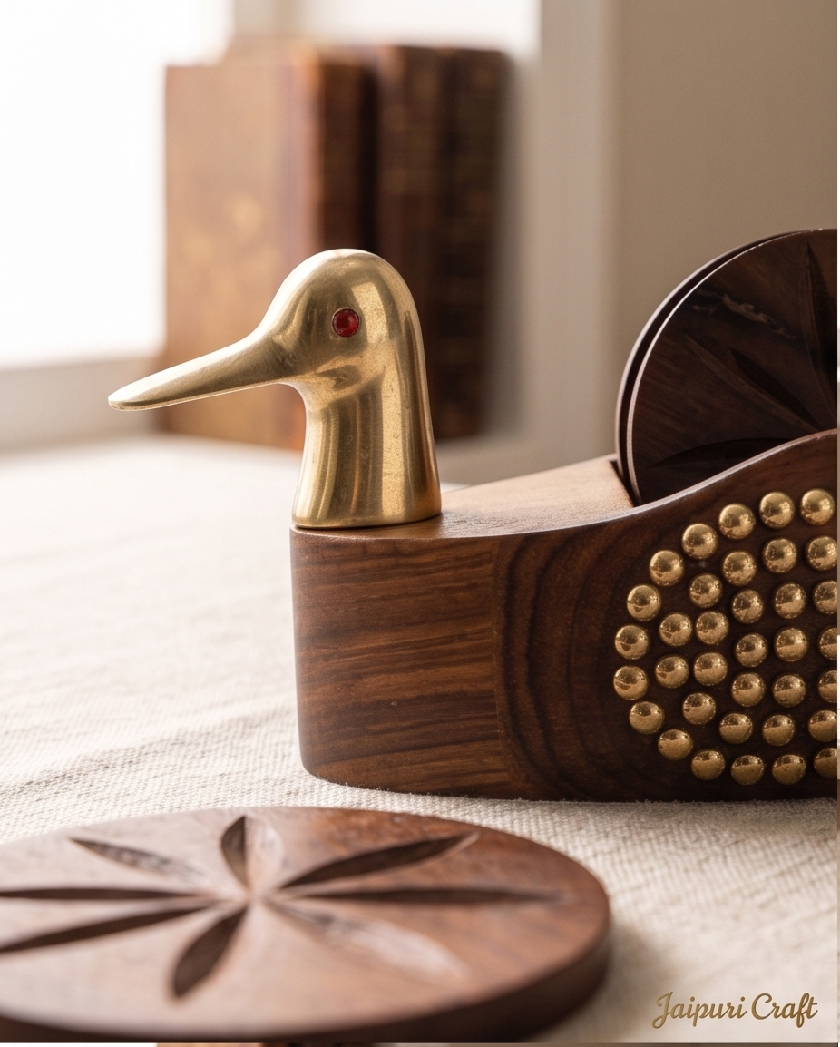 Handcrafted Wooden Duck Coaster Set with Brass Head & Bead Inlay (Set of 6 Coasters)