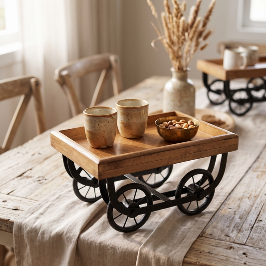 Handcrafted Wooden Trolley Cart Serving Tray with Wrought Iron Wheels