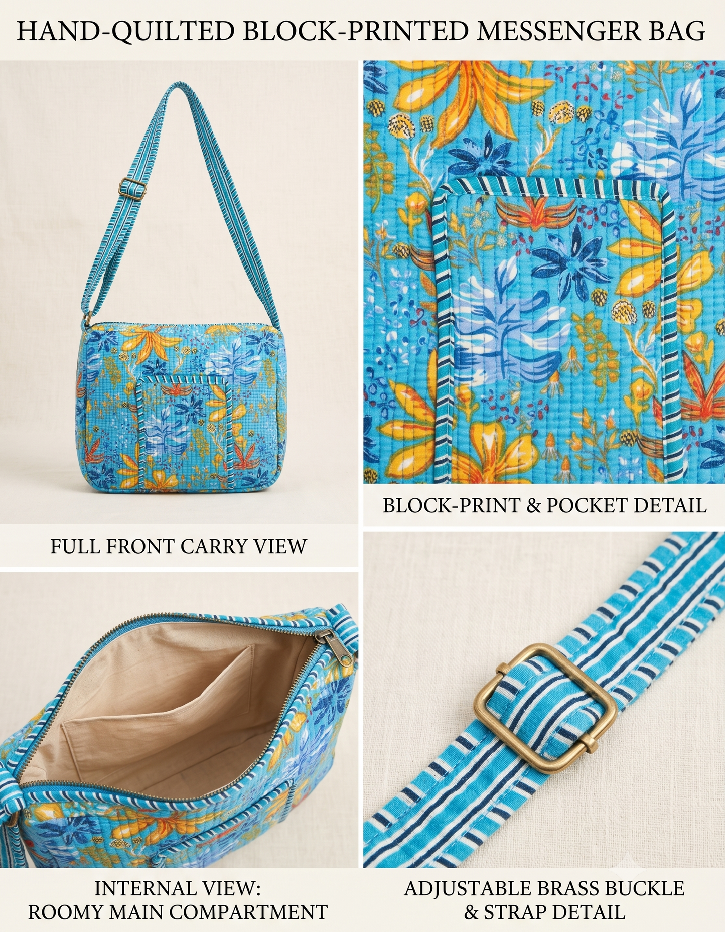 A hand-quilted block-printed messenger bag in a blue floral pattern with yellow, orange, and white botanical motifs, shown in a four-panel infographic with text labels detailing the full front carry view, block-print and pocket detail, internal main compartment, and adjustable brass buckle strap.