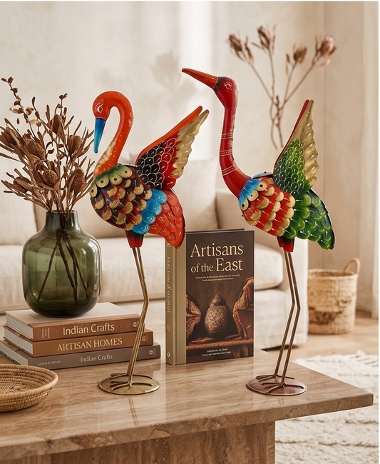 Rajasthani Handpainted Standing Metal Crane Showpiece Set for Living Room & Floor Decor