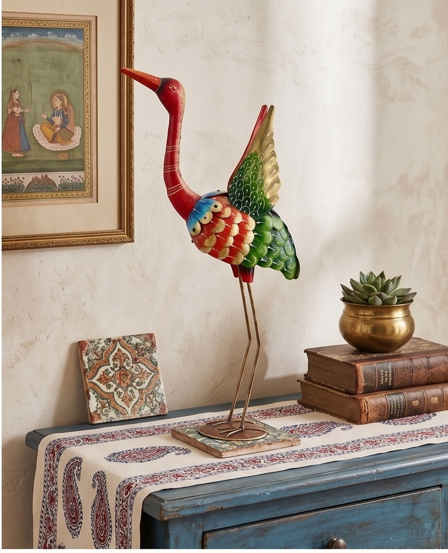 Rajasthani Handpainted Standing Metal Crane Showpiece Set for Living Room & Floor Decor