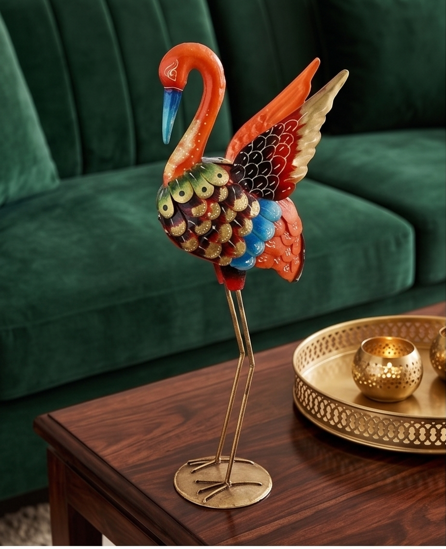 Rajasthani Handpainted Standing Metal Crane Showpiece Set for Living Room & Floor Decor