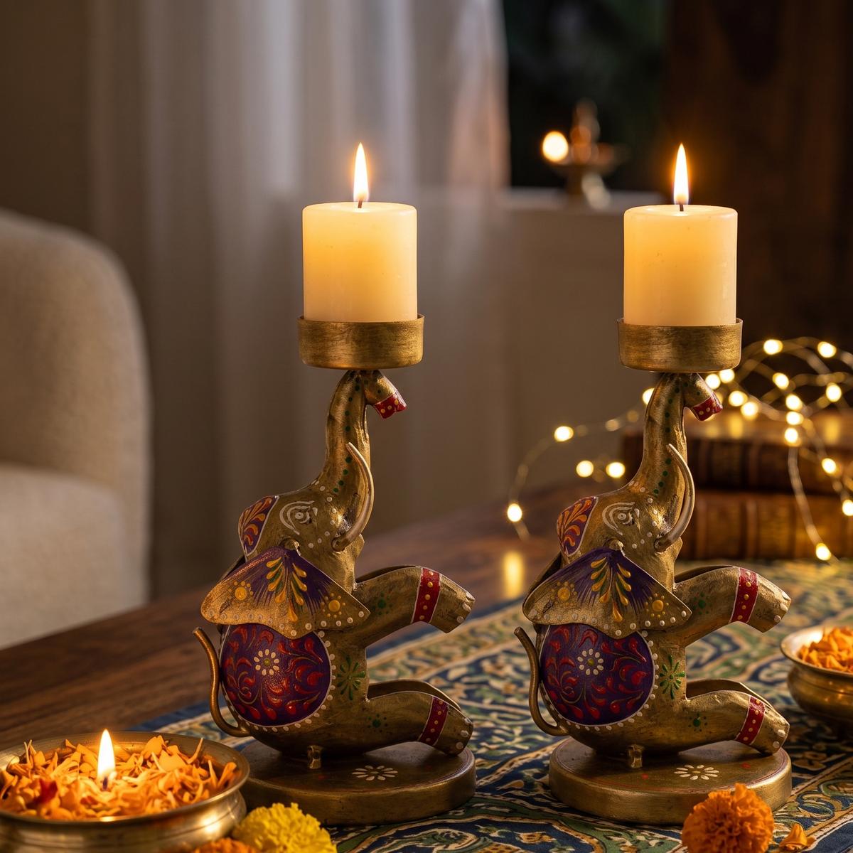 Rajasthani Hand-Painted Elephant Candle Holder Pair with Trunk-Up Diya Cups for Festive Table Decor