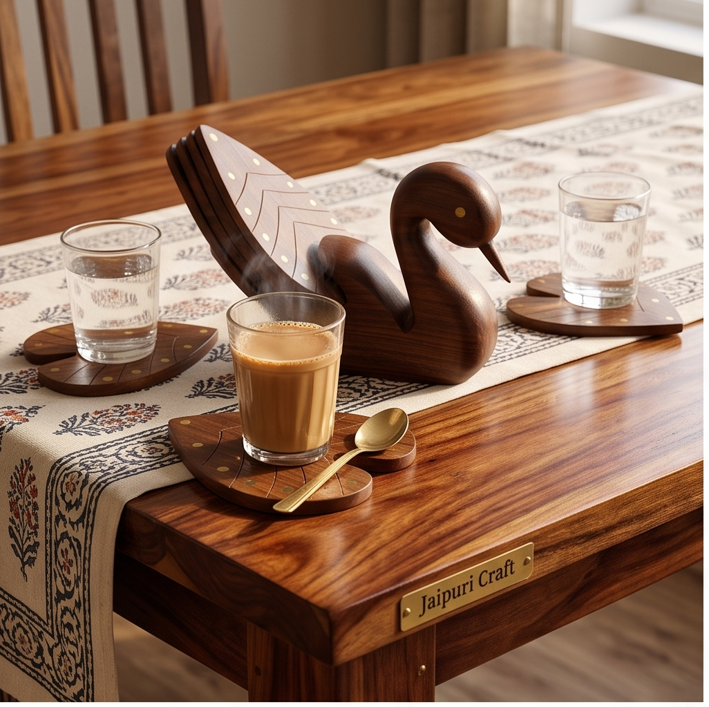 Handcrafted Wooden Swan Tea Coaster Set with Brass Inlay (Set of 4) | JaipurCraft