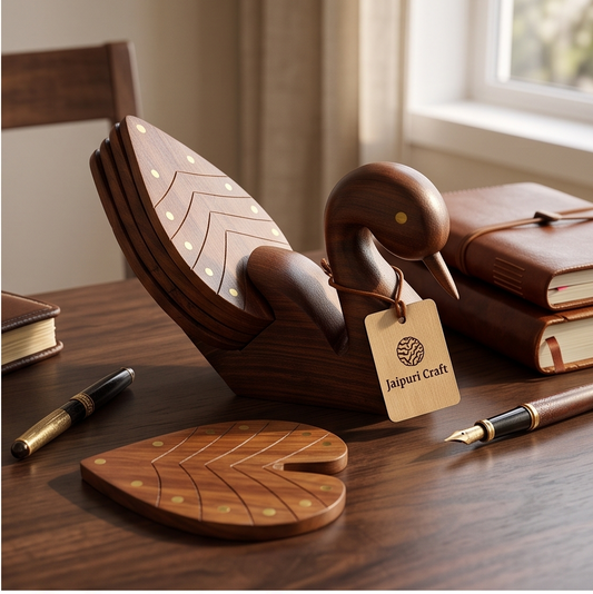 Handcrafted Wooden Swan Tea Coaster Set with Brass Inlay (Set of 4) | JaipurCraft