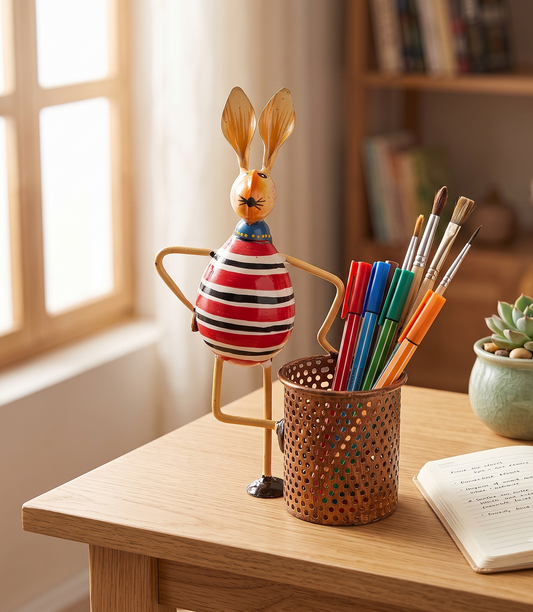 Handcrafted Metal Bunny Pen Stand & Desk Organizer