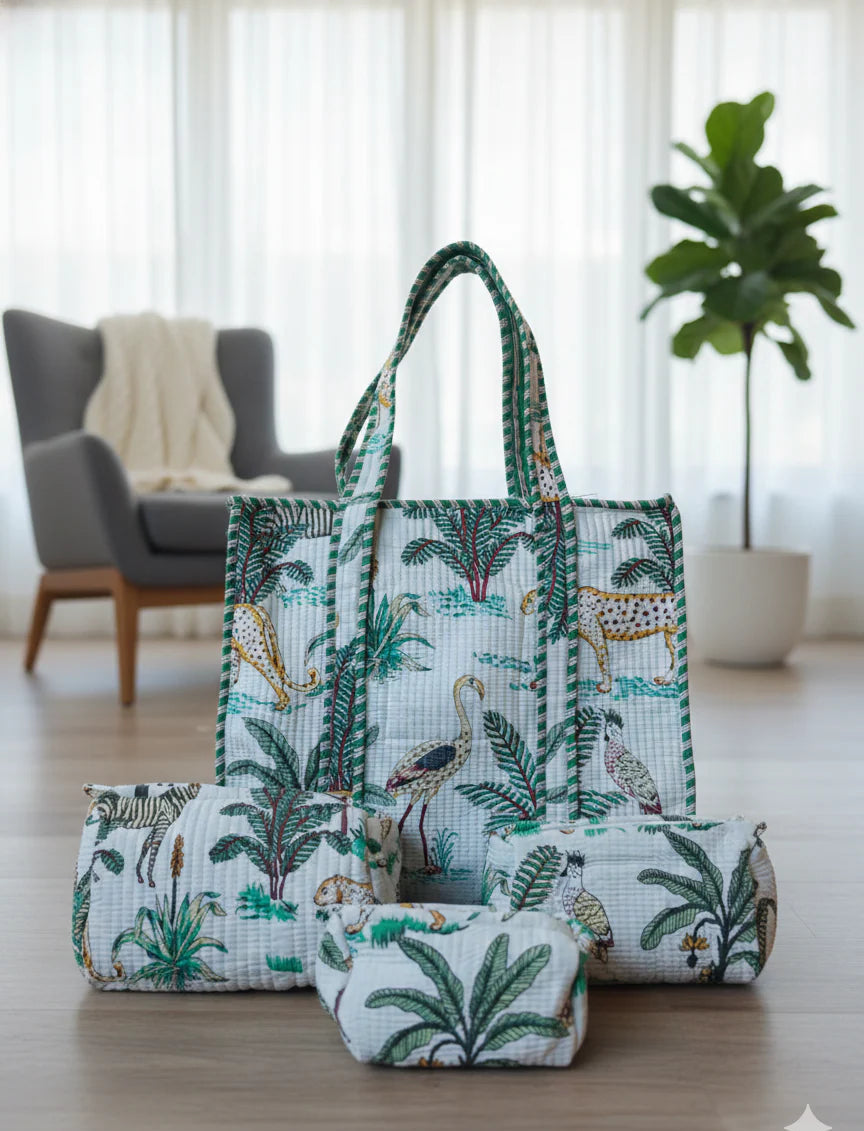 Jungle Print Cotton Quilted Tote & 4-Piece Travel Set
