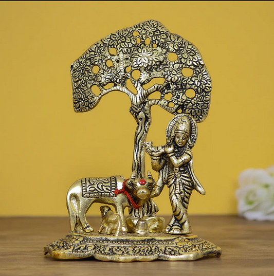 Golden Lord Krishna Idol playing Flute under Tree with Cow and Calf