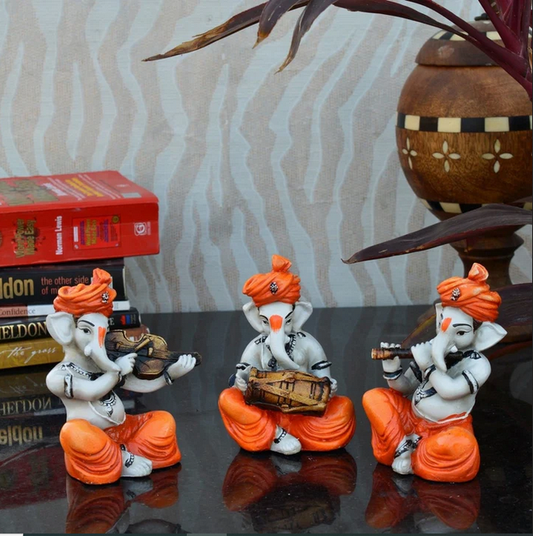 Set of 3 Ganesha Playing Violen, Dholak, and Flute