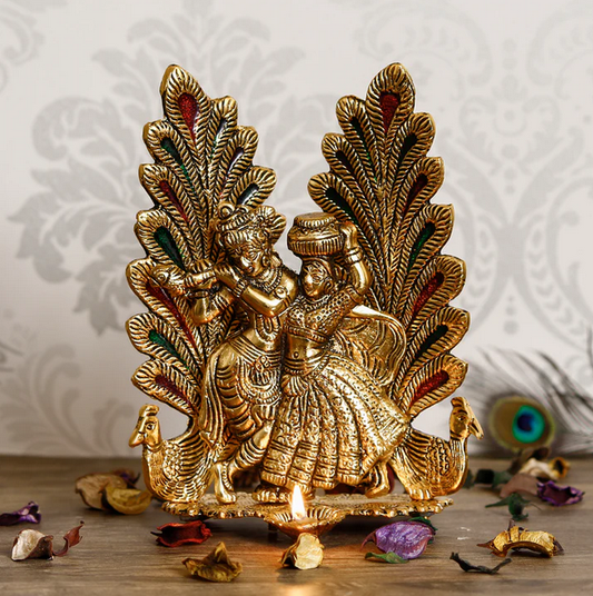 Decorative Golden Metal Radha Krishna Idol with Diya