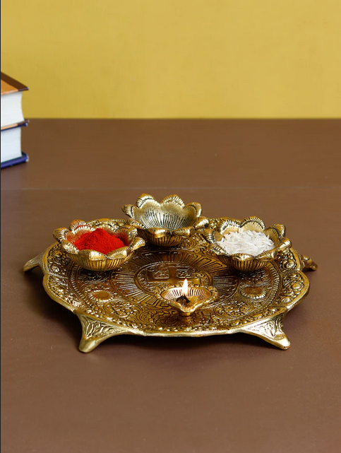 Swastik Design Golden Metal Pooja Thali with 3 Bowls and 1 Diya