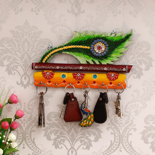 Papier Mache and Wooden Peacock Feather 5 Hooks Key Holder