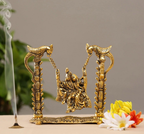 Radha Krishna on swing jhula gold plated for Home Decor Showpiece Gifts Idols