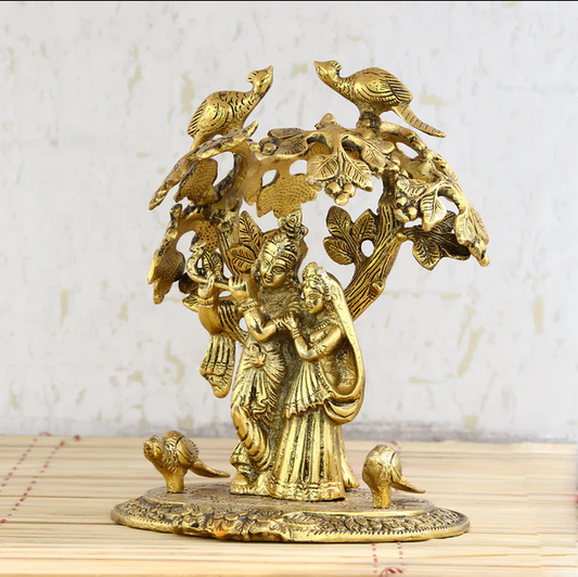 Golden Metal Radha Krishna Statue Standing Under Tree