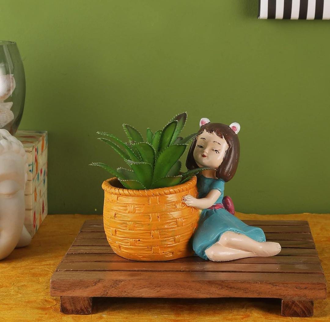 Wood Handy Cute Girl Polyresin Pot for Indoor Plants & Office Desk Decor, Multicolour