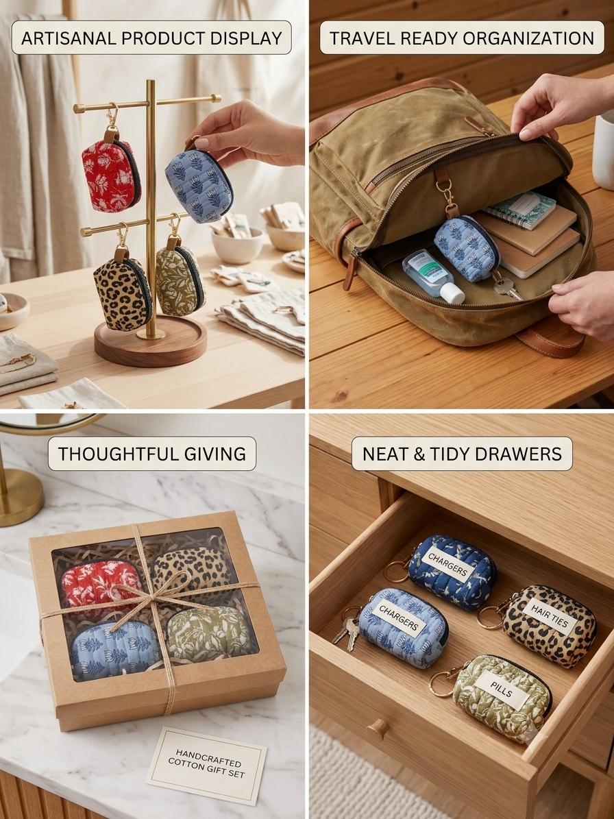 Handmade Cotton Key Chain Wallet – Small Zipper Coin Pouch