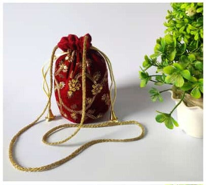 Embroidery Velvet Fabric Designer Base Potli Bags With Beads Handle For Women (7*4 Inch)