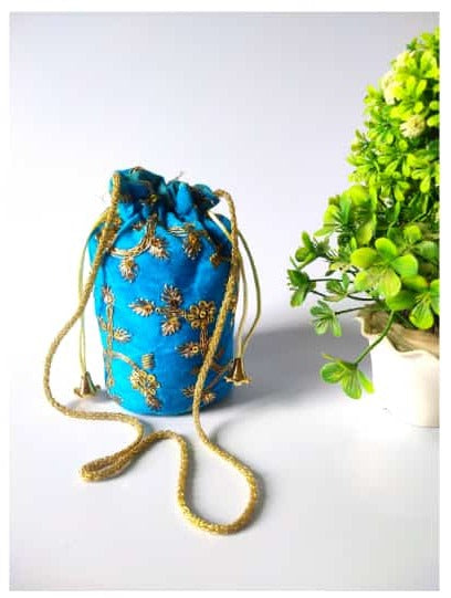 Embroidery Velvet Fabric Designer Base Potli Bags With Beads Handle For Women (7*4 Inch)