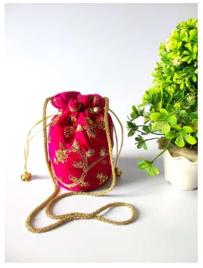 Embroidery Velvet Fabric Designer Base Potli Bags With Beads Handle For Women (7*4 Inch)