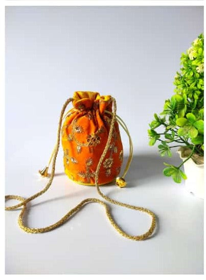 Embroidery Velvet Fabric Designer Base Potli Bags With Beads Handle For Women (7*4 Inch)
