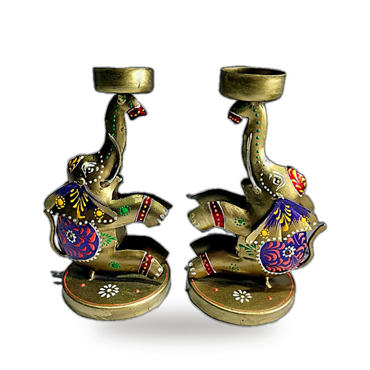 Brass Elephant Candle Holder – Pair (Purple & Gold Saddle)