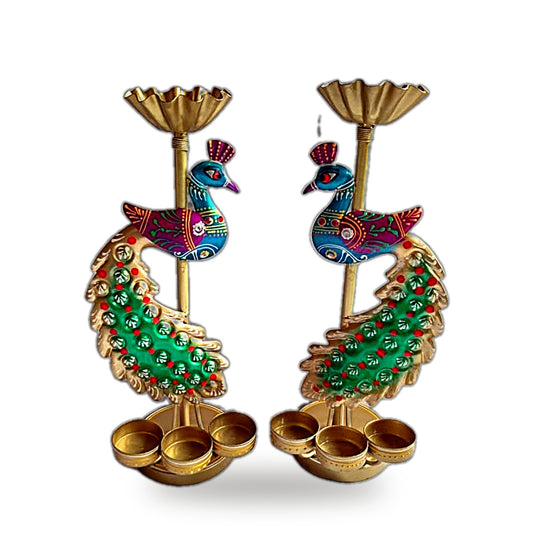 Brass Peacock Diya Stand – Pair