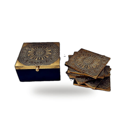 Brass-Top Wooden Trinket Box with Coaster Set