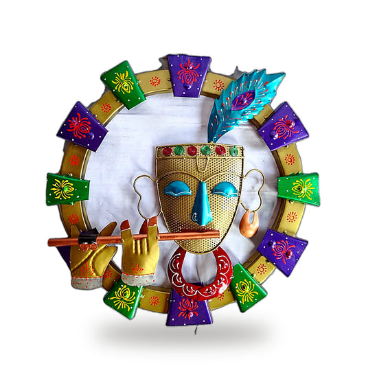 Circular Wall Hanging – Folk Face with Peacock Feather