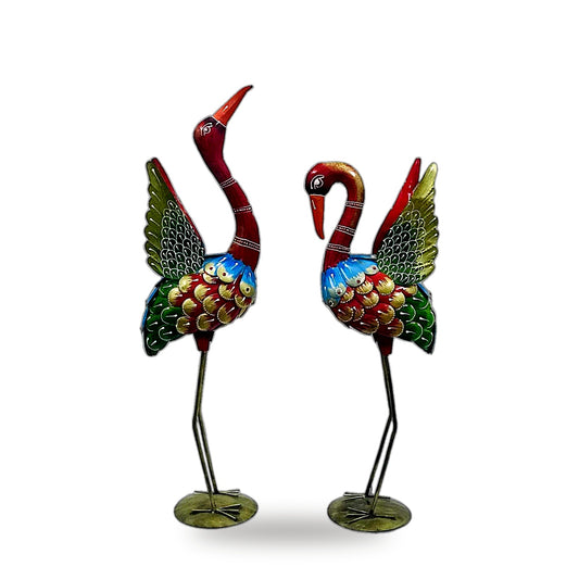 Hand-Painted Metal Crane Pair Statue