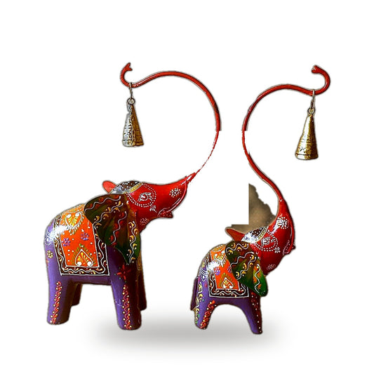 Hand-Painted Wooden Elephant Pair with Hanging Bells