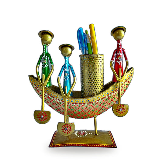 Rajasthani Boat-Shaped Pen Holder with Musician Figures