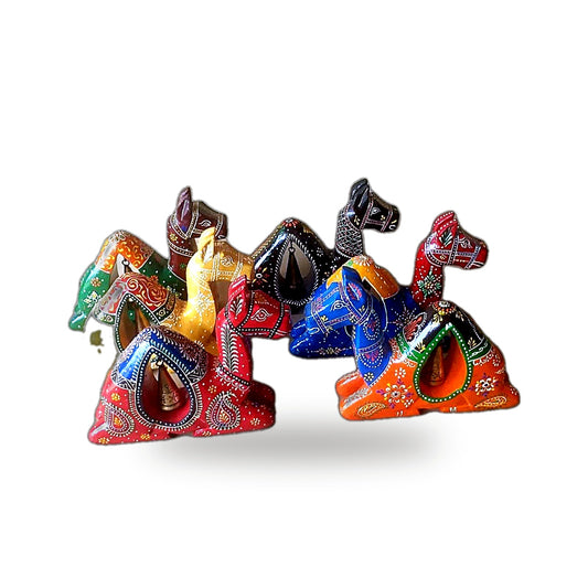 Wooden Hand-Painted Camel Figurines on Stand – Set of 4